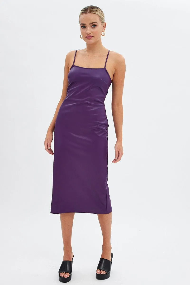 Purple Faux Leather Dress Sleeveless Scoop Neck Midi ElasticFree Cuffs
