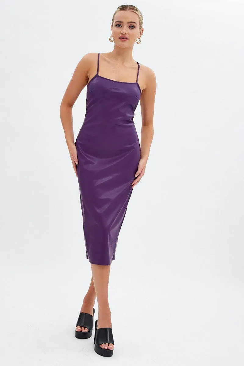 Purple Faux Leather Dress Sleeveless Scoop Neck Midi BiasCut Trims