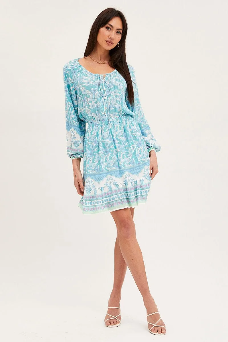 Lightweight Fabric Stretch Fabric Boho Print Tie Waist Dress Long Sleeve Mini