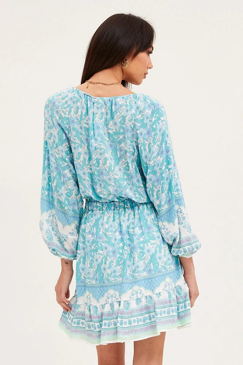 Boho Print Tie Waist Dress Long Sleeve Mini All-Season Wear Kid Play