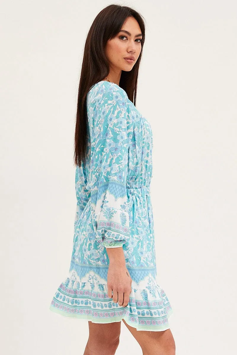 Casual dress WrinkleFreeFabric Boho Print Tie Waist Dress Long Sleeve Mini