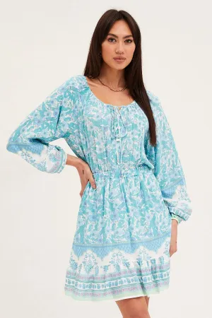 Boho Print Tie Waist Dress Long Sleeve Mini Strong Glow