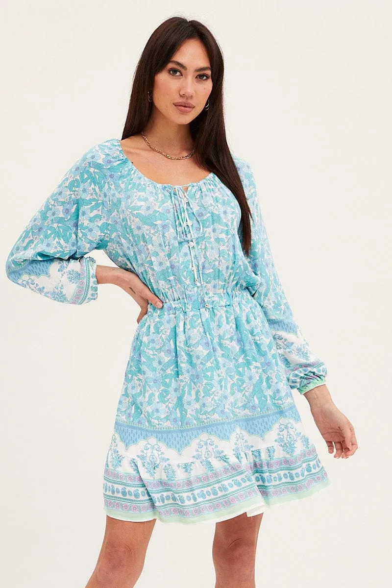 Boho Print Tie Waist Dress Long Sleeve Mini SeamFreeEngineering