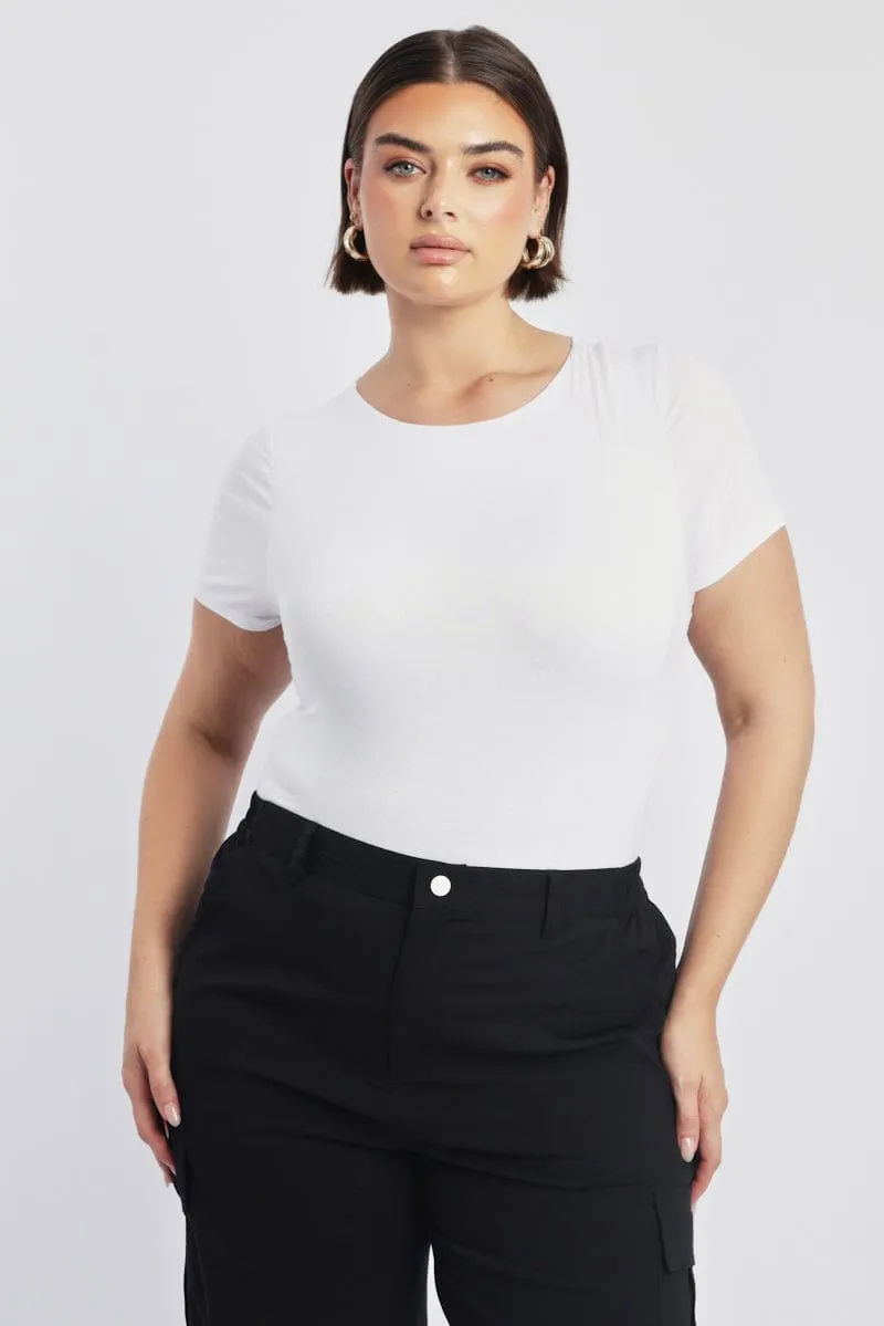 White Bodysuit Short Sleeve Crew Neck Modal Office Glam Dad Core