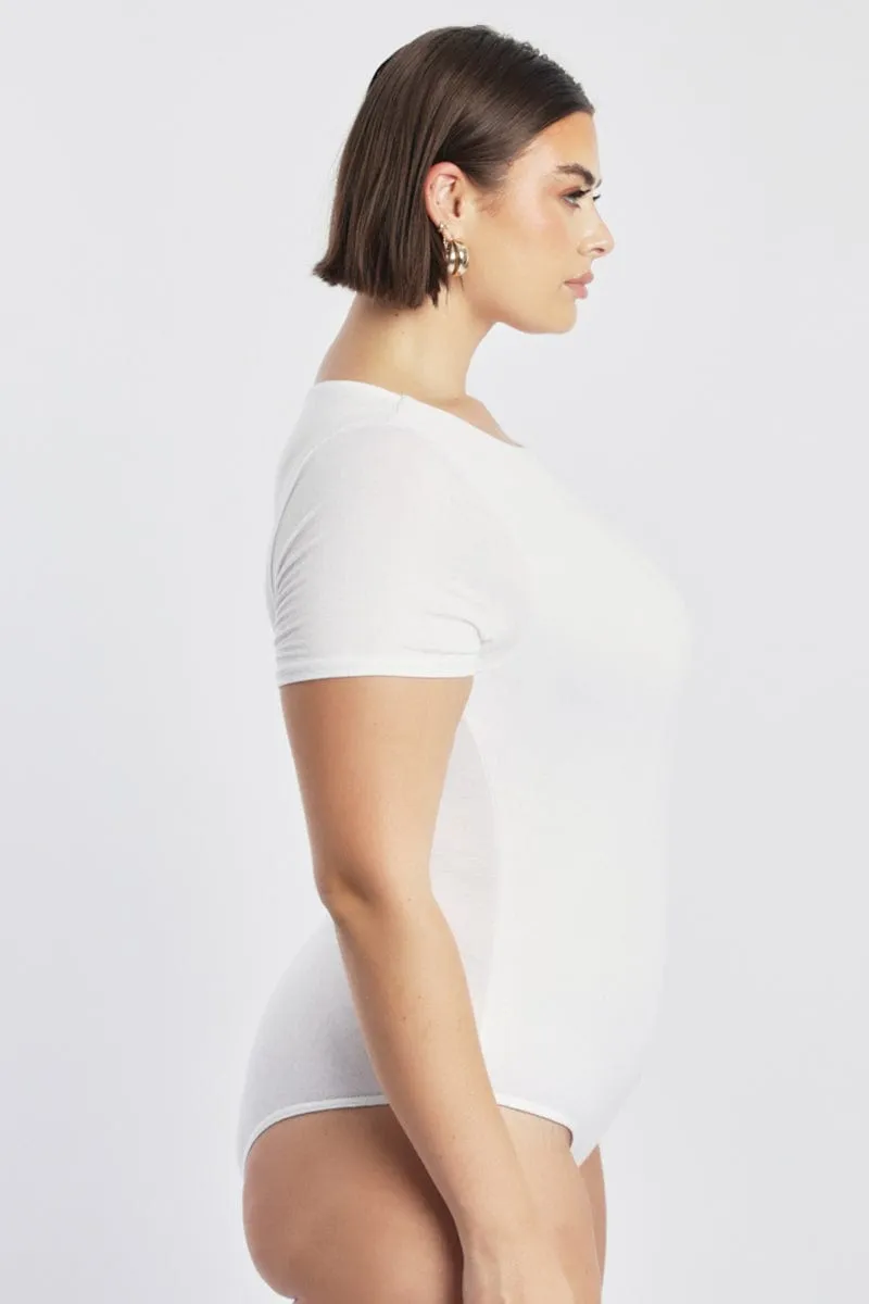 White Bodysuit Short Sleeve Crew Neck Modal FlexFitTechnology