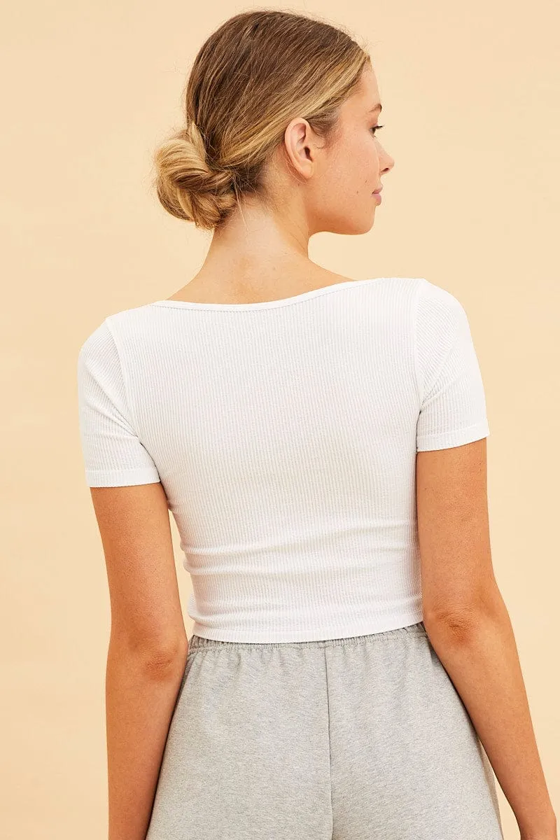 White Seamless T-Shirt Crop Short Sleeve Square Neck Trendy Sweatpants NoSlip Hem