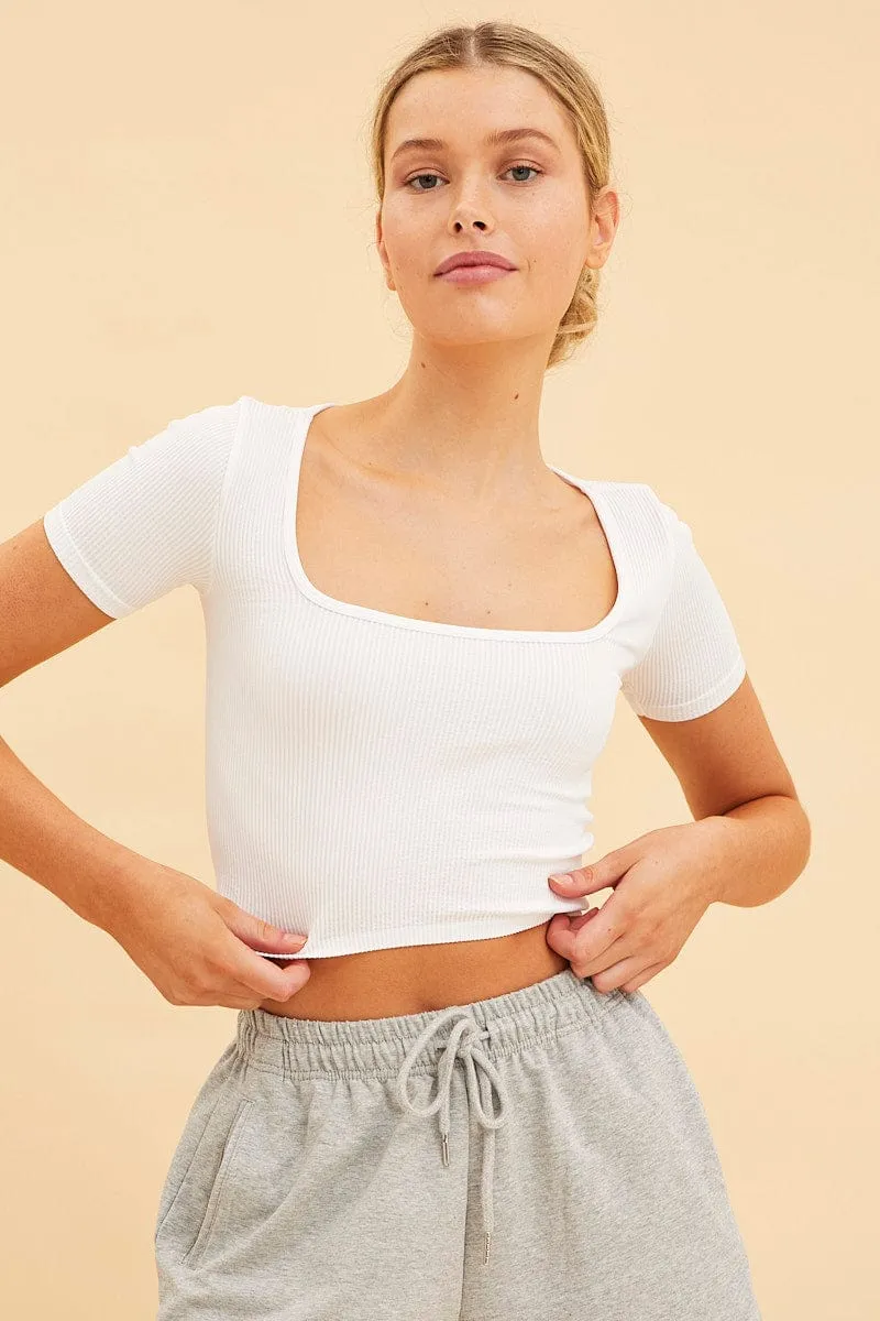 White Seamless T-Shirt Crop Short Sleeve Square Neck StaticResistant Rich Tone
