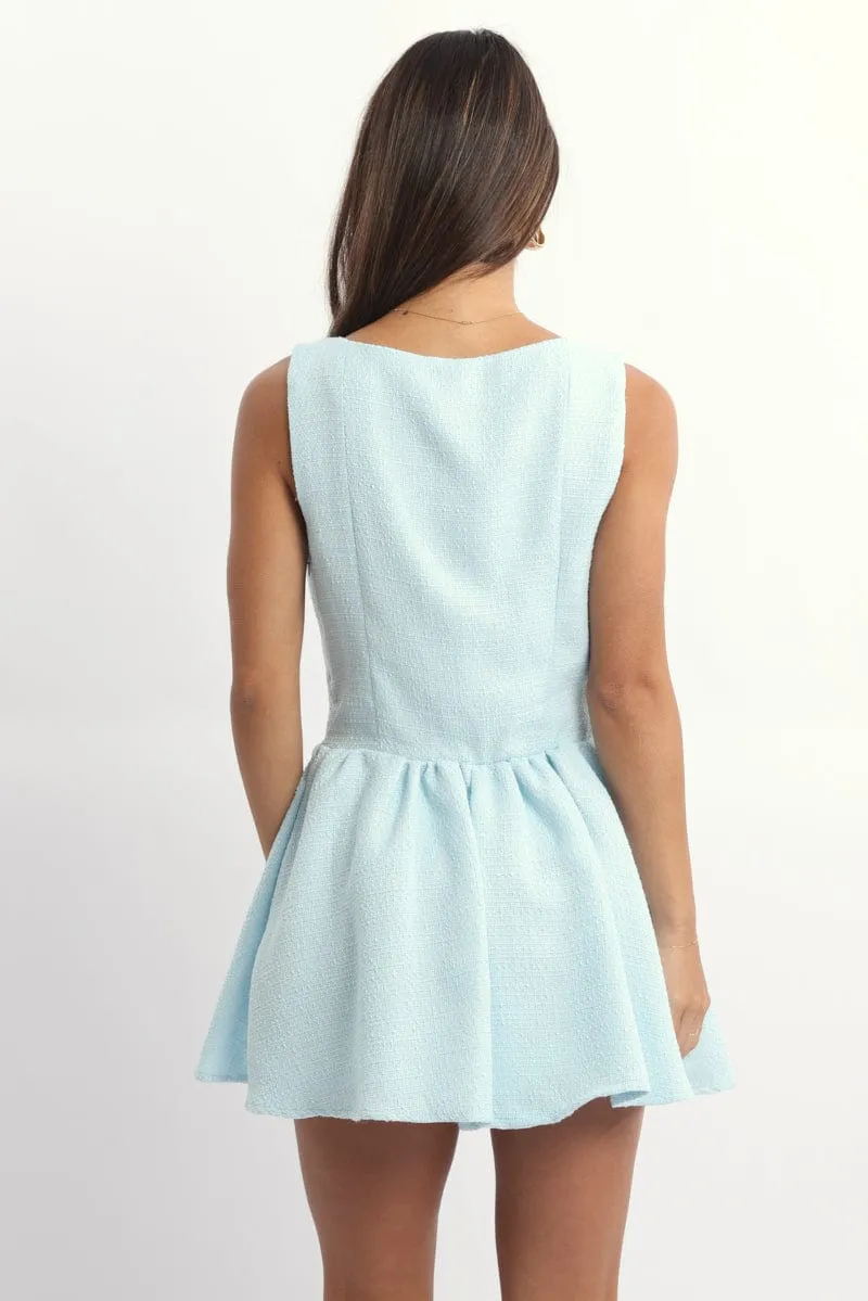 Blue Mini Dress Square Neck Tweed Fabric Hypoallergenic fabric Relaxed-fit mini gown