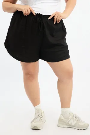 Saga Vibe Black Curve Hem Linen Blend Shorts