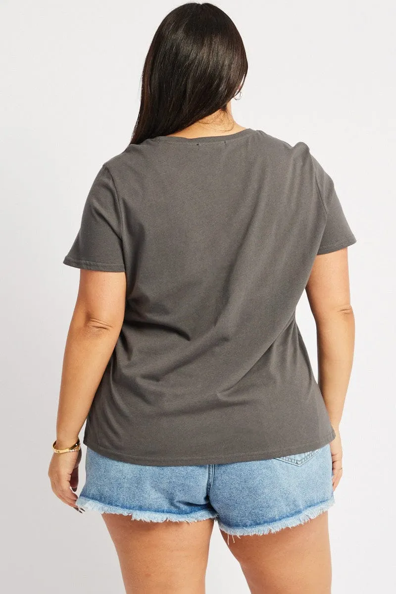 Grey Graphic T-shirt Short Sleeve Relaxed Crew Neck Outdoor Trend Formal Occasion