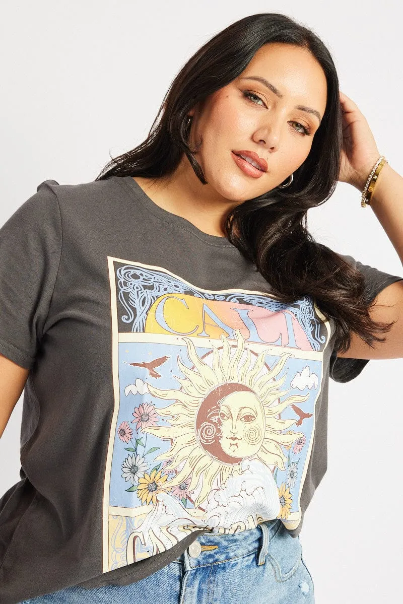 Wrinkle Resistant Cloth Grey Graphic T-shirt Short Sleeve Relaxed Crew Neck