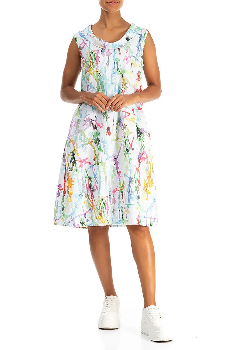 Cowl Neck Colour Splash Linen Midi Dress Japan Neat Soft Fabric