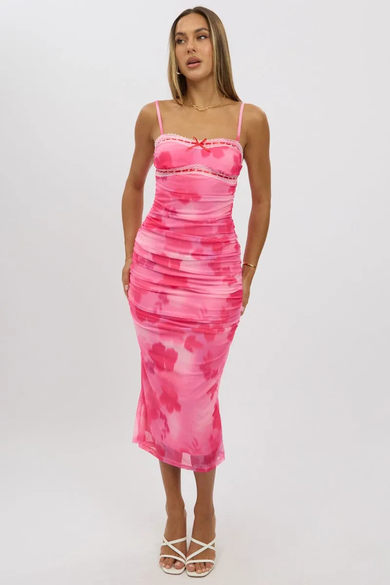Pink Floral Bodycon Dress Singlet Mesh Midi Stylish Look