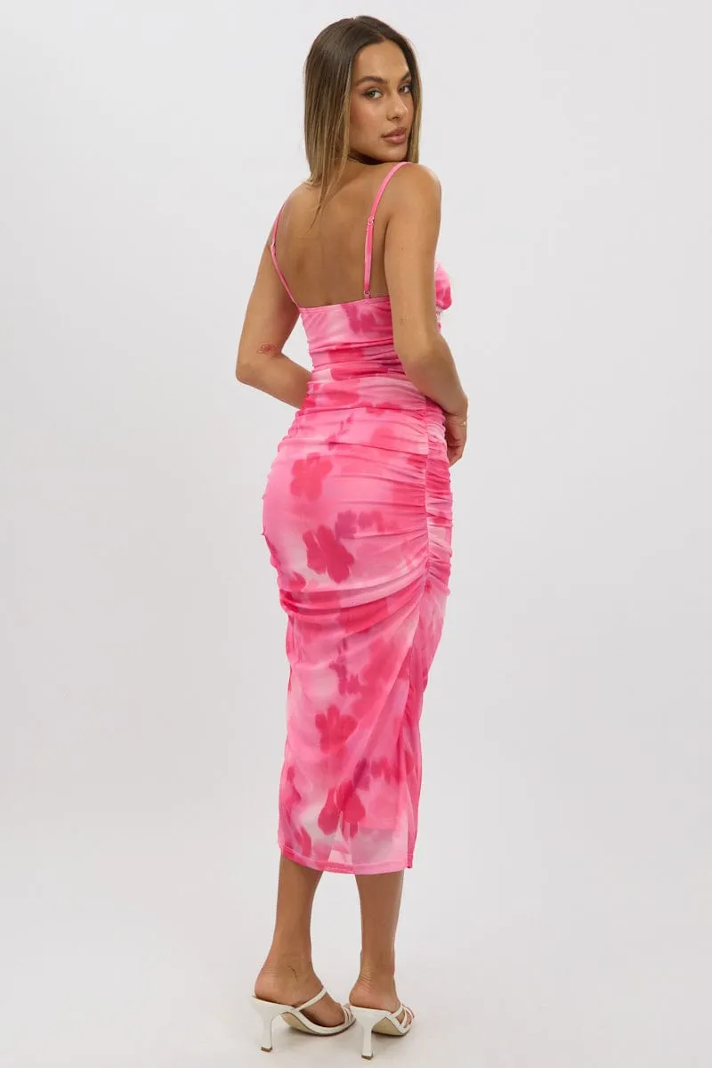 Cozy Design Pink Floral Bodycon Dress Singlet Mesh Midi