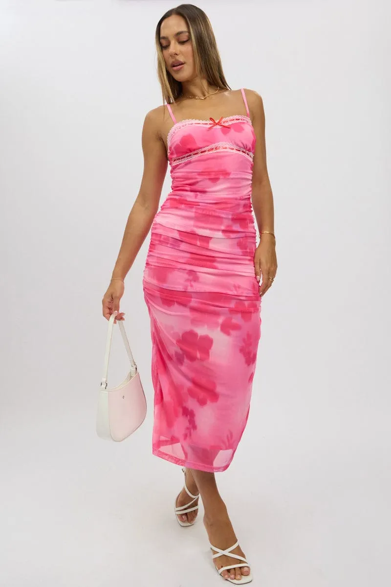 Dad Core Pink Floral Bodycon Dress Singlet Mesh Midi