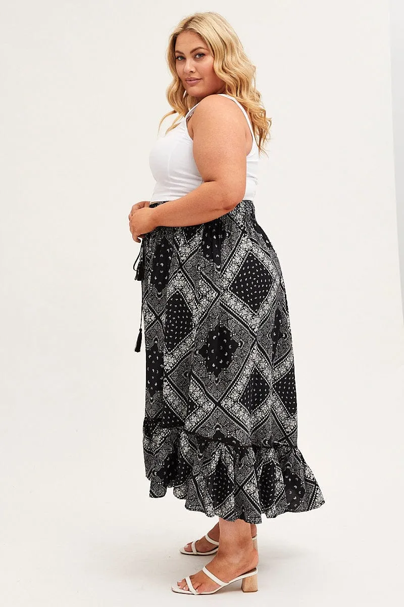 Black Boho Midi Skirt High Waist Tiered Laidback Feel Daily Style