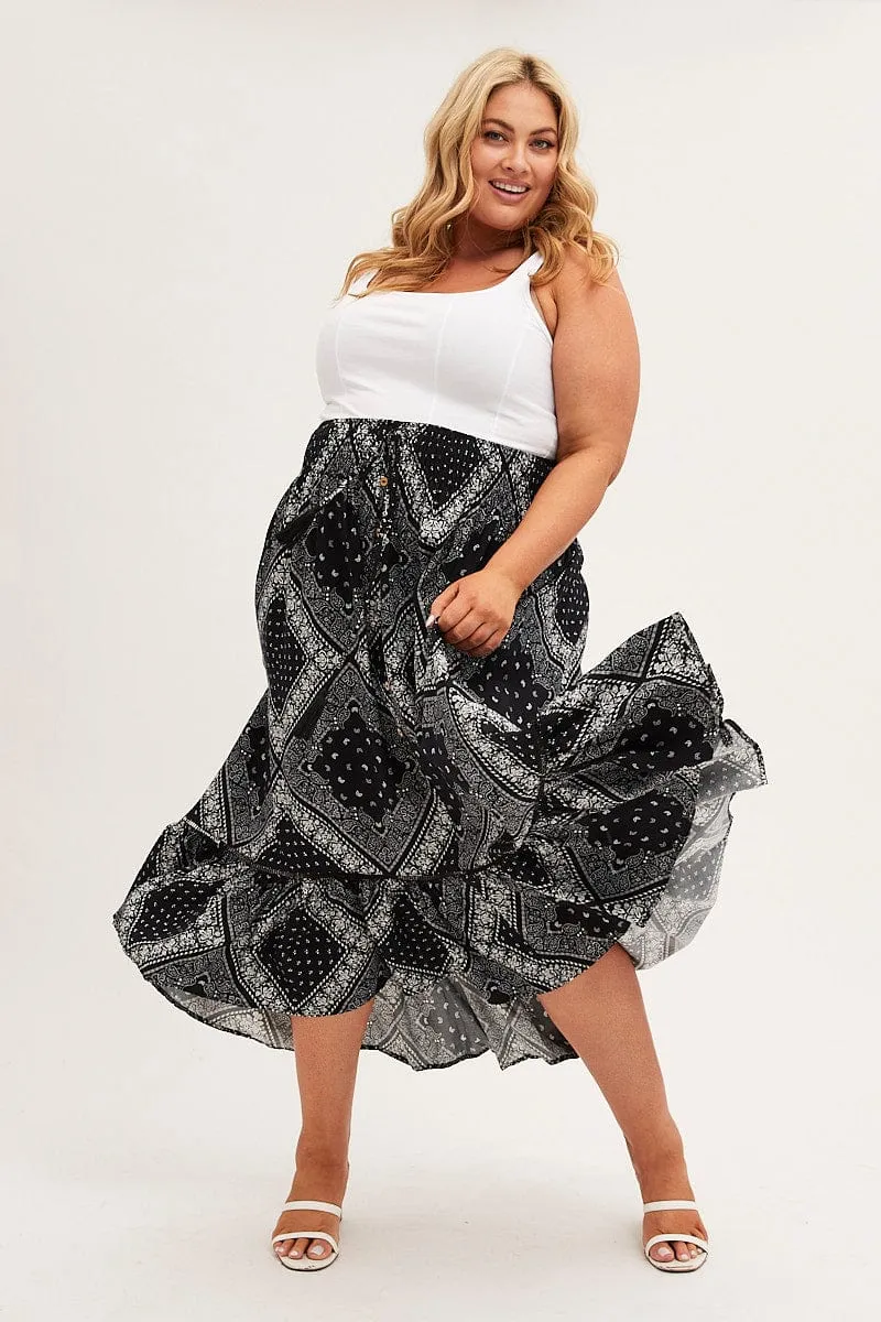 Black Boho Midi Skirt High Waist Tiered All Season Wear Soft Texture