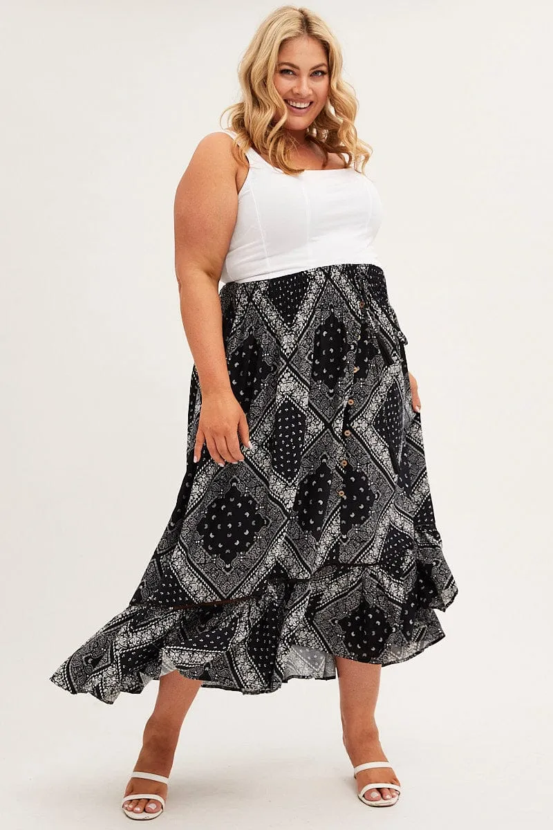 Fresh Style Black Boho Midi Skirt High Waist Tiered