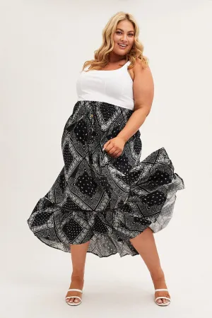 Black Boho Midi Skirt High Waist Tiered All Season Wear Soft Texture