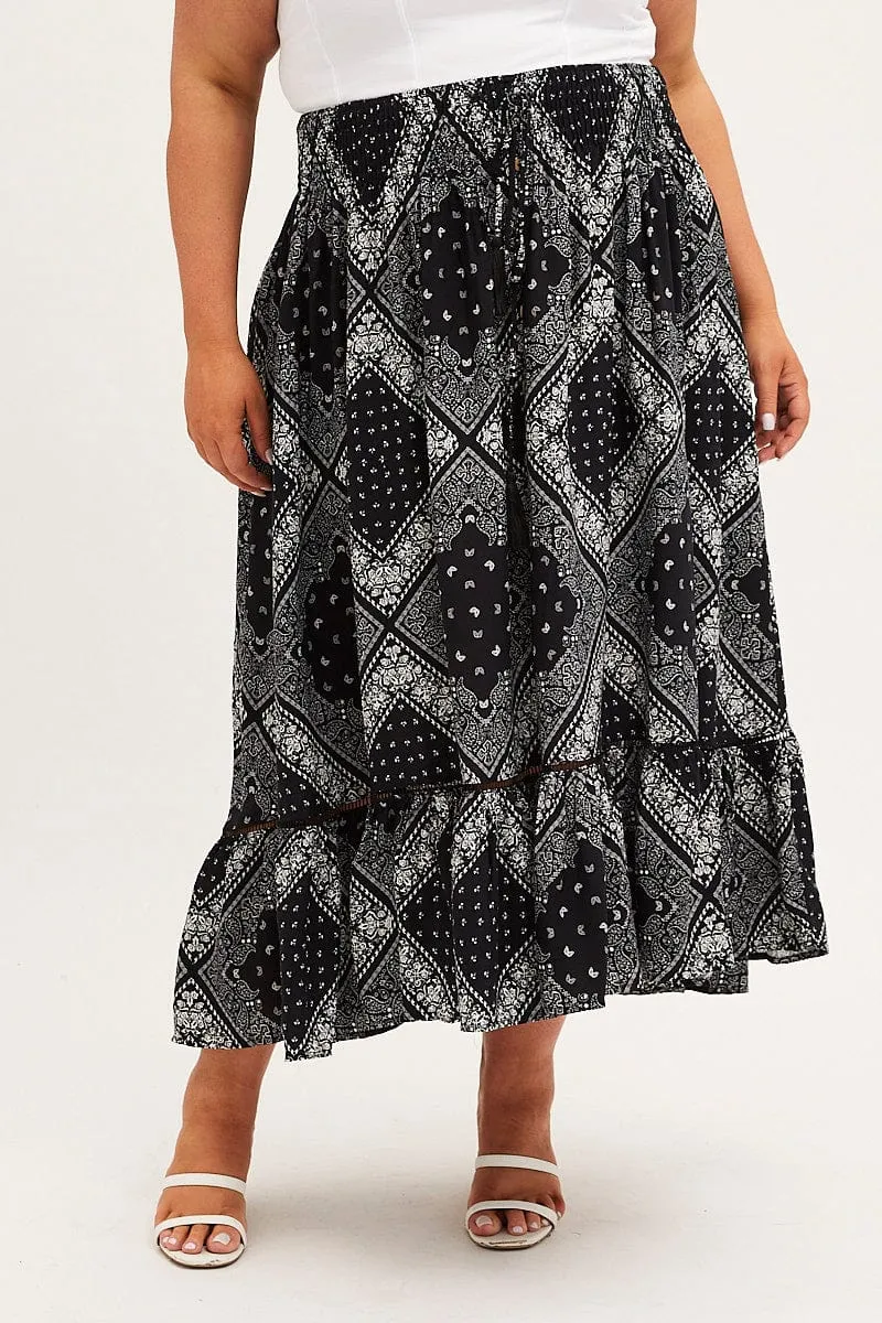 Black Boho Midi Skirt High Waist Tiered Ethically Made