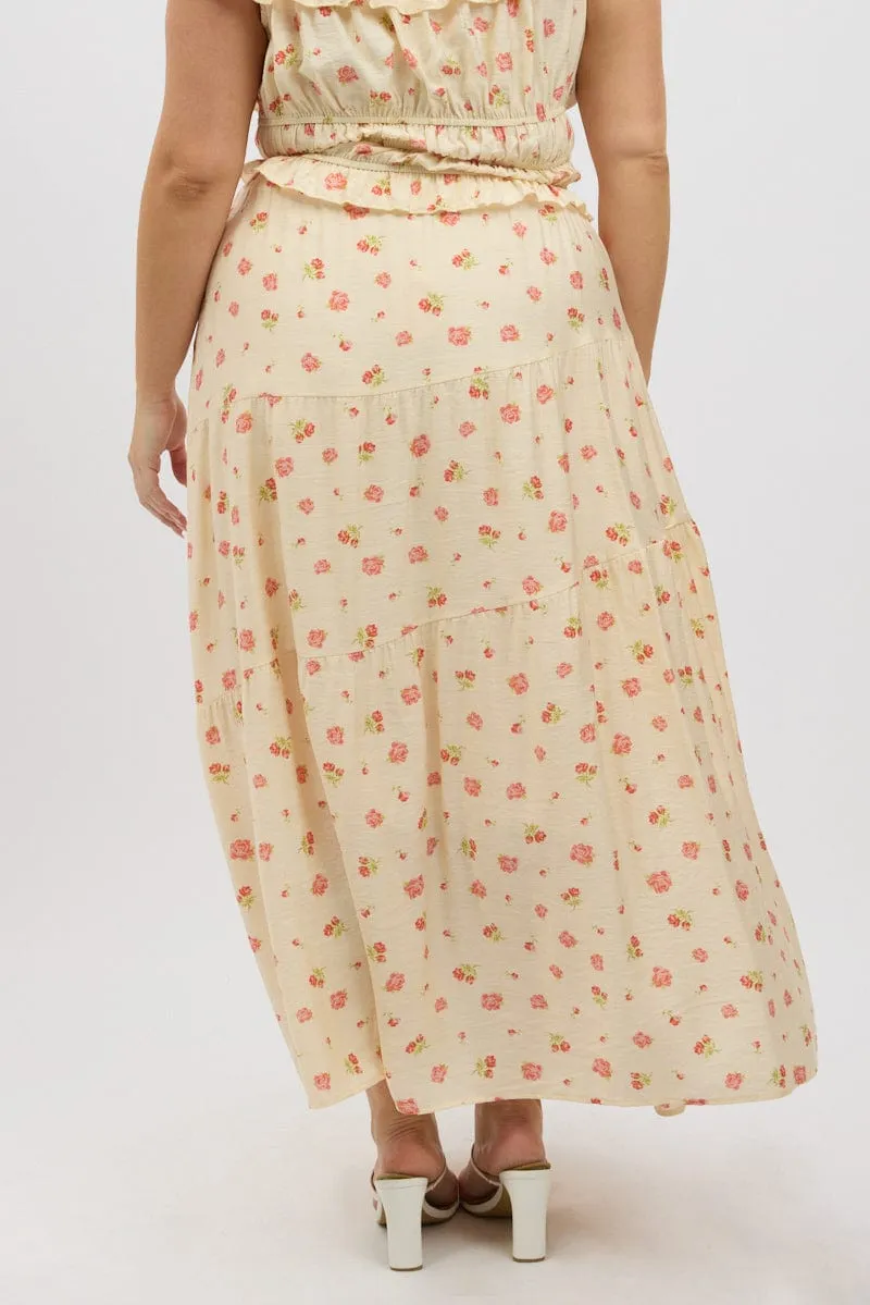 Pastel tone Floor Length Pink Floral Tiered Maxi Skirt