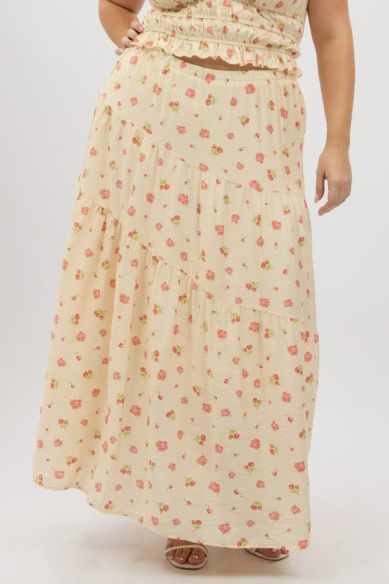 Pink Floral Tiered Maxi Skirt Comfortable Motion High Elasticity Material