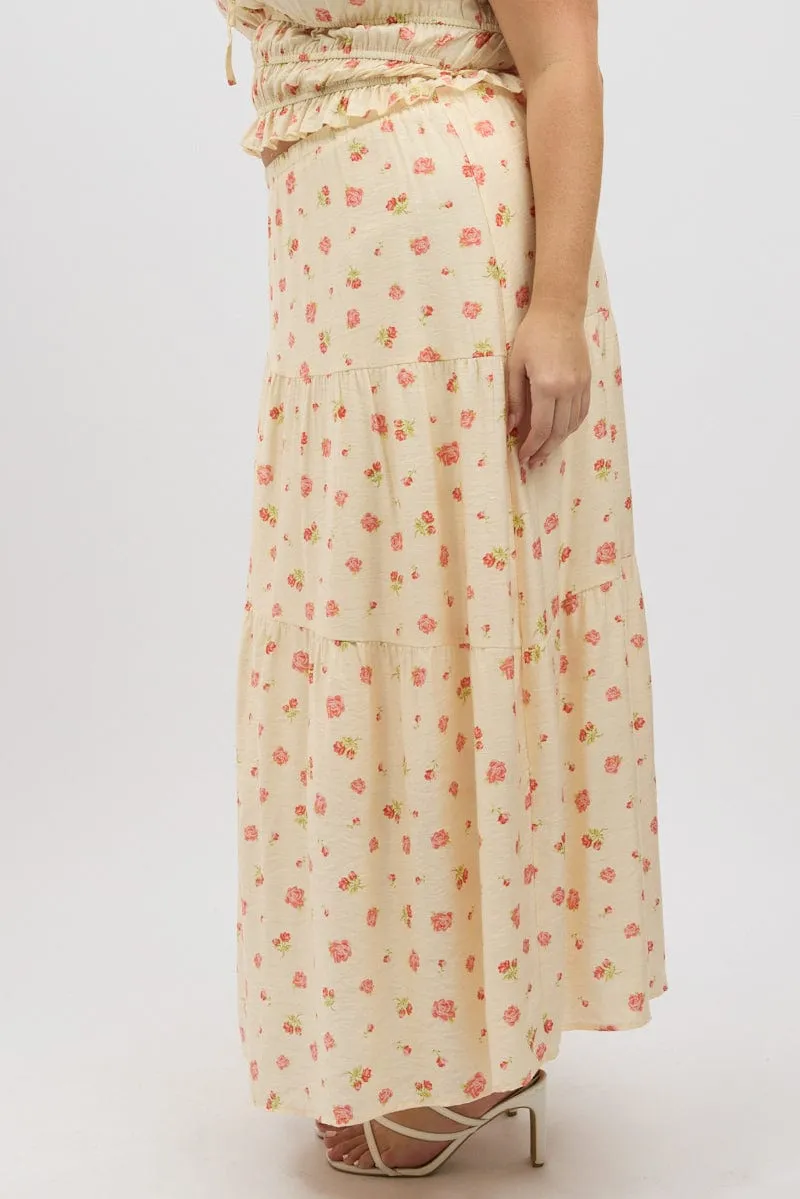 Texture Shot Pink Floral Tiered Maxi Skirt