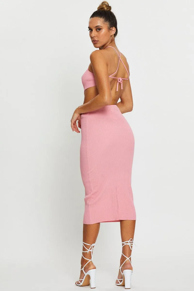 Light Fabric Pink Knit Dress Halter Neck