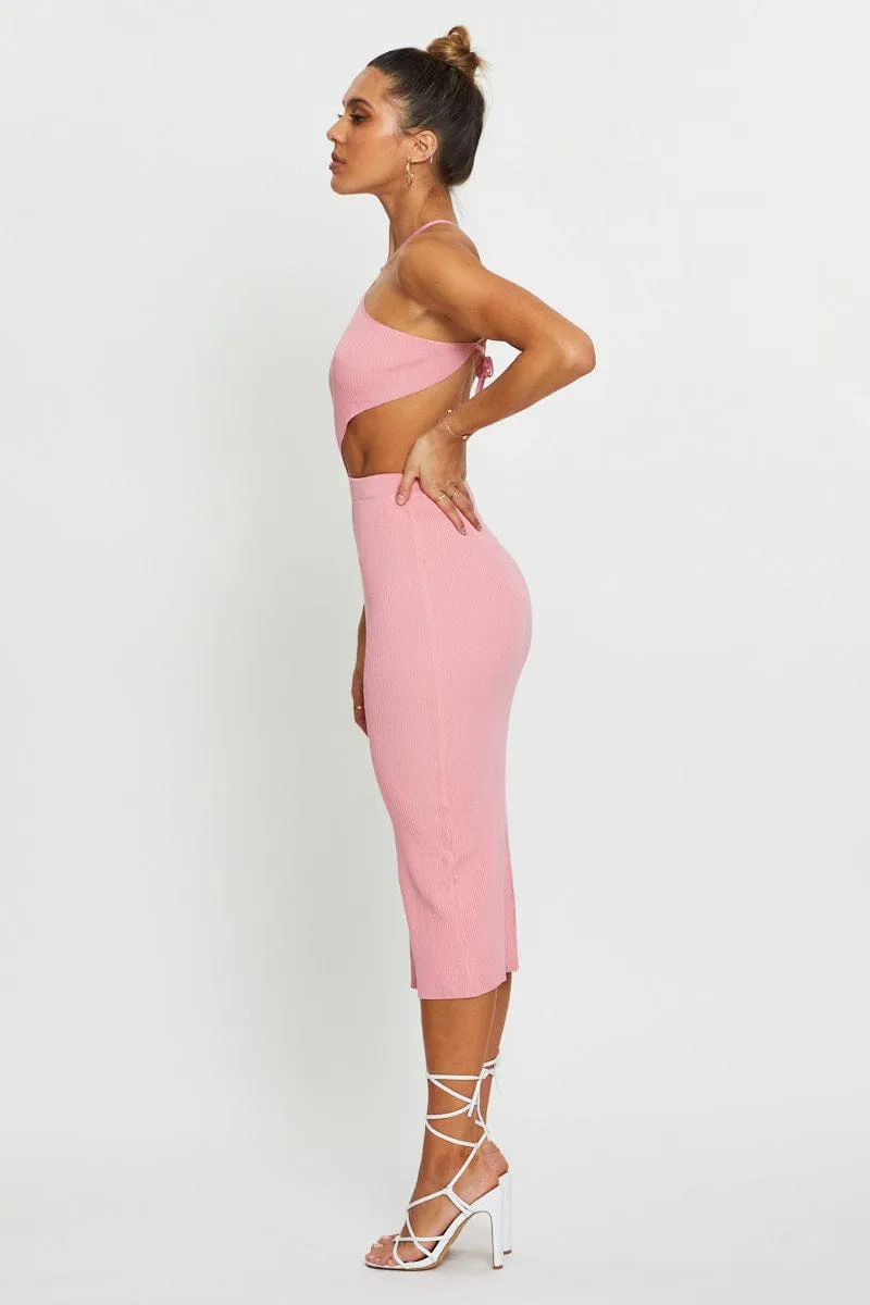 Pink Knit Dress Halter Neck Laid-Back Outfit Comfortable Fashion