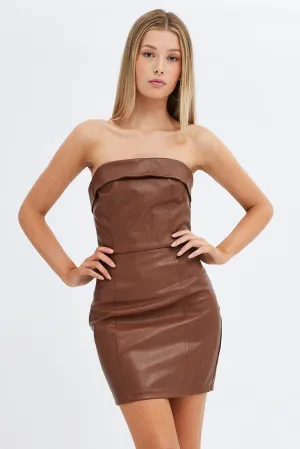 Brown Dress Boob Tube Bodycon Faux Leather Winter Essential