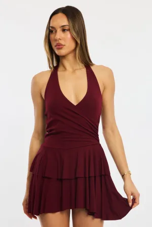 Red Halter Neck Mini Dress Wrinkle Free Fabric
