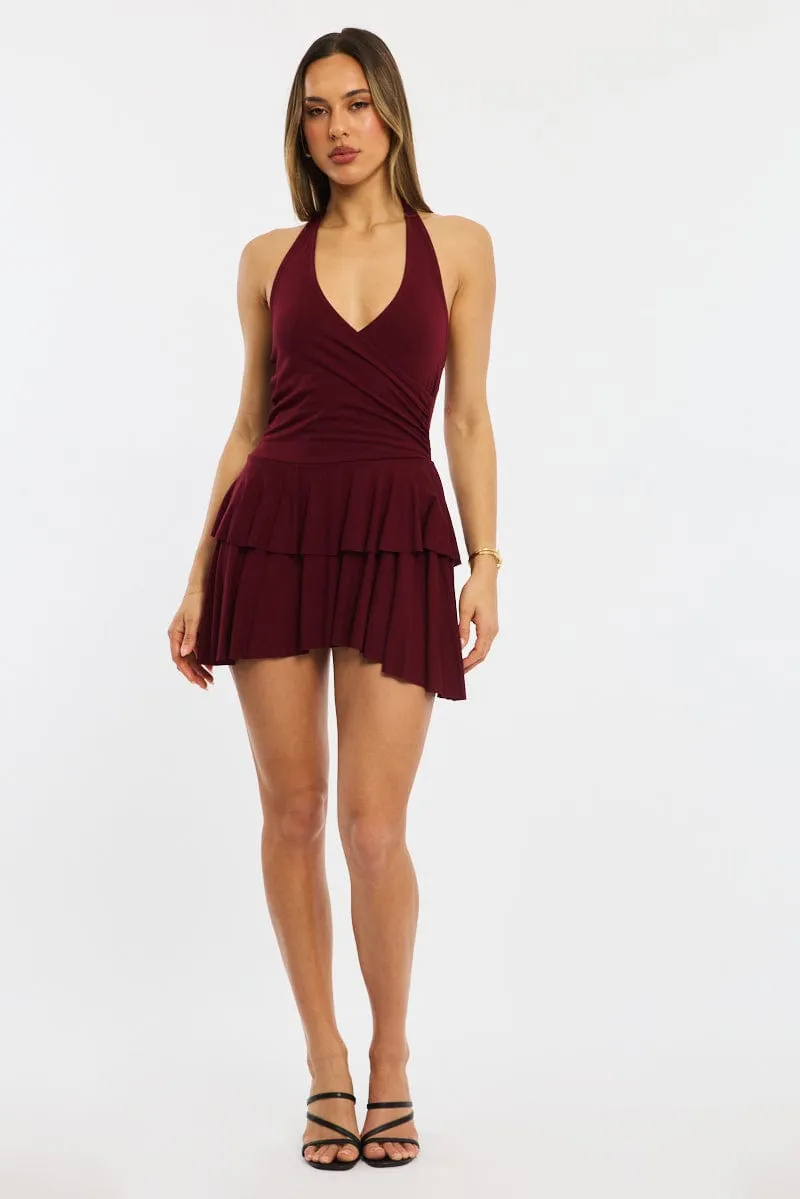 Boho Chic Look Rounded Neckline Red Halter Neck Mini Dress
