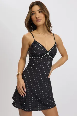 Black Polka Dot Mini Dress V-Neck Strappy Festival Core