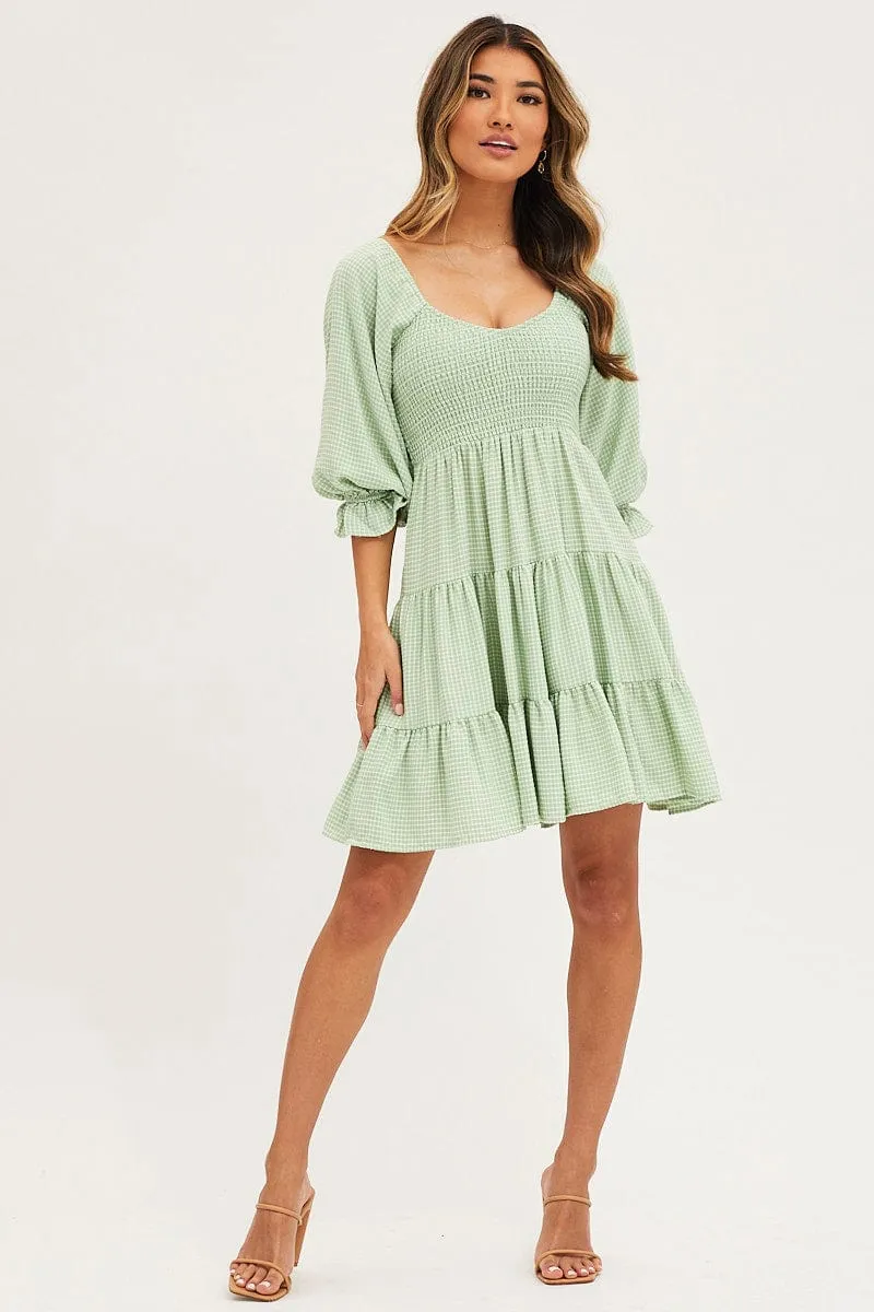 Fashionable Wear Check Mini Dress Short Sleeve