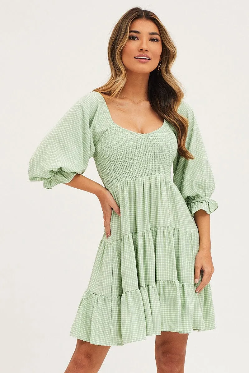 Street Fashion Check Mini Dress Short Sleeve