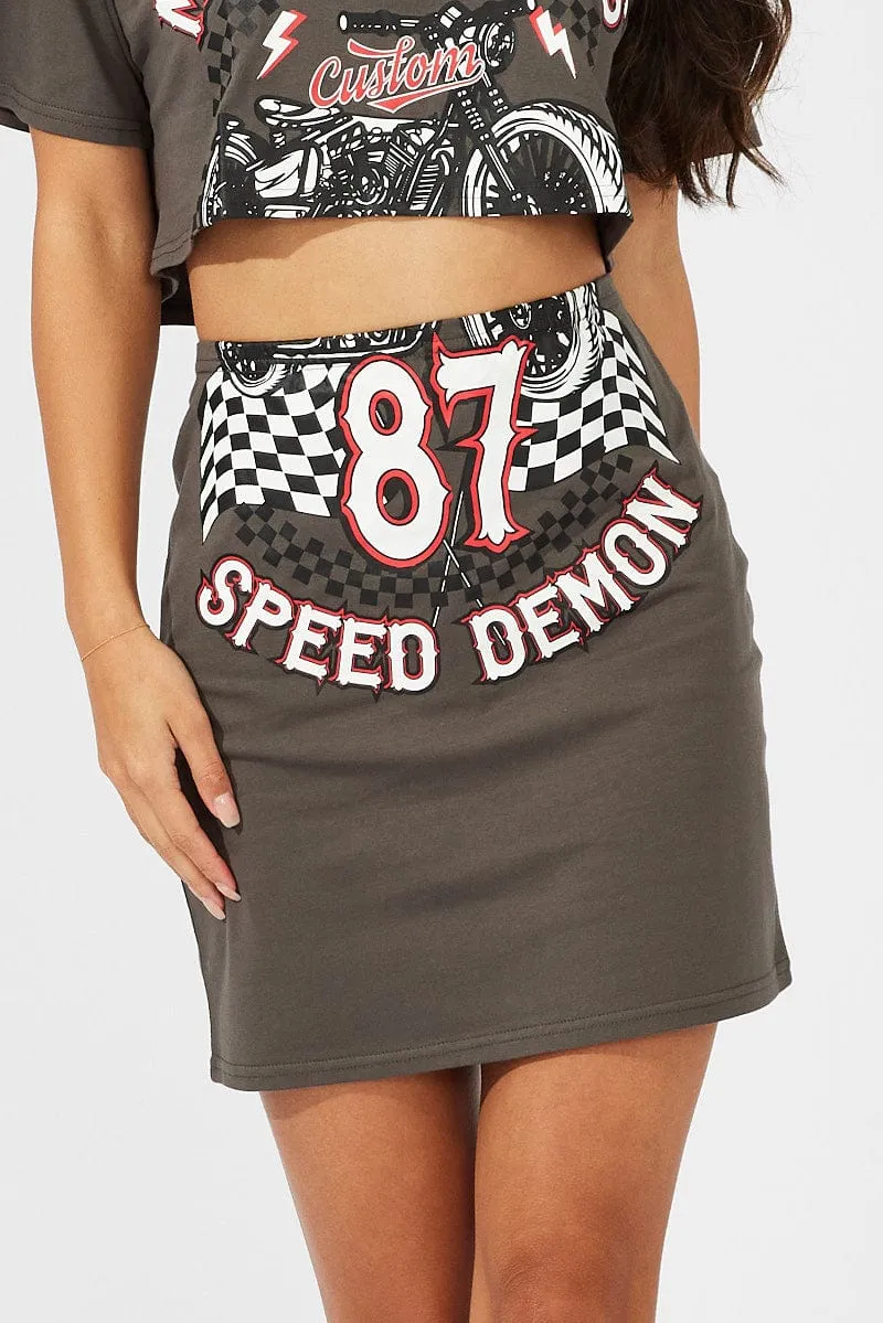 Lifestyle Look Grey Graphic Skirt Motor Bike Mini Tube Skirt