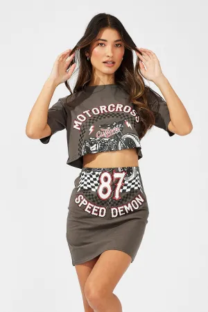 Grey Graphic Skirt Motor Bike Mini Tube Skirt Relaxed Style