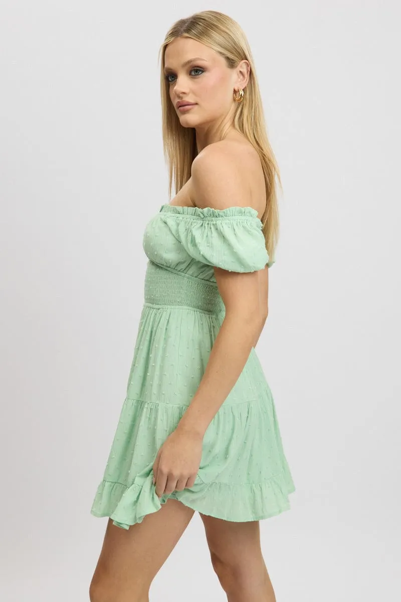 Soul Ease Green Fit And Flare Dress Puff Sleeve Mini