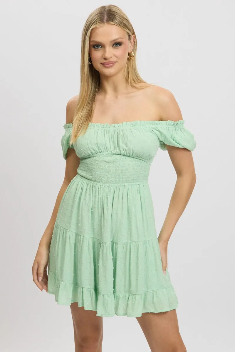 Green Fit And Flare Dress Puff Sleeve Mini Game Day