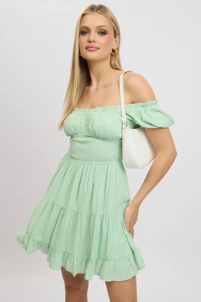 slim fit Green Fit And Flare Dress Puff Sleeve Mini