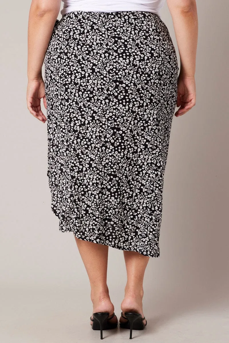 Black Ditsy Frill Wrap Midi Skirt Classic Design Urban Pulse