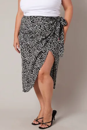 Black Ditsy Frill Wrap Midi Skirt Denim style