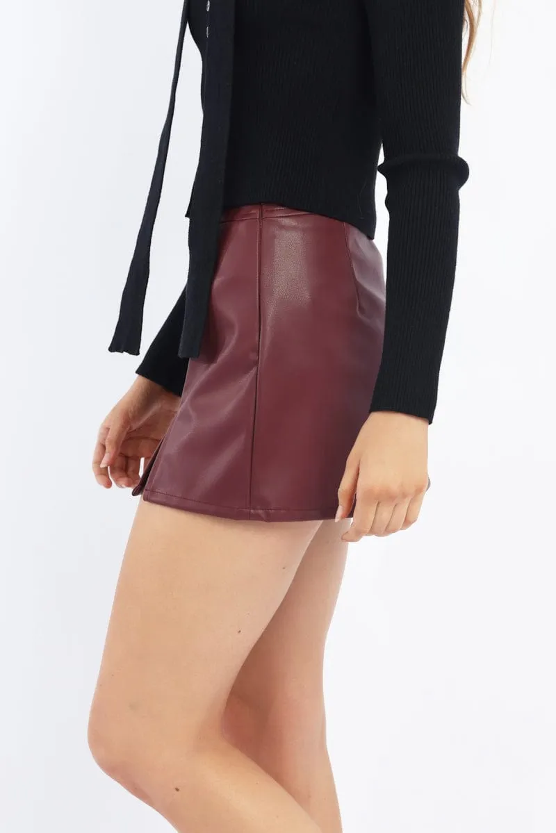Red PU Skort Skirt Mid Rise Mini Slight Stretch Statement Fashion