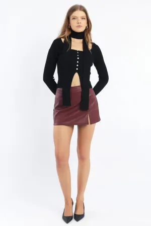 button detail Seamless construction Red PU Skort Skirt Mid Rise Mini Slight Stretch
