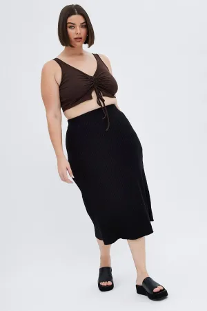 Black Knit Skirt Elastic Waist Midi Flare Rib Outfit Vibes