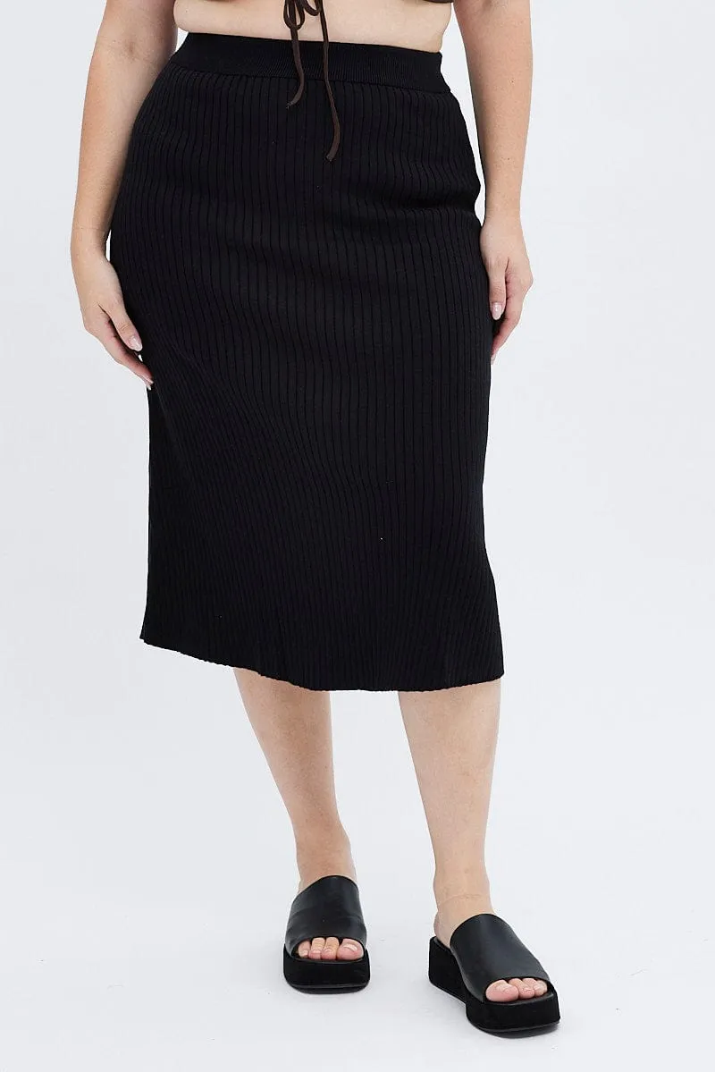 Black Knit Skirt Elastic Waist Midi Flare Rib Laid Back Look Bestseller Item