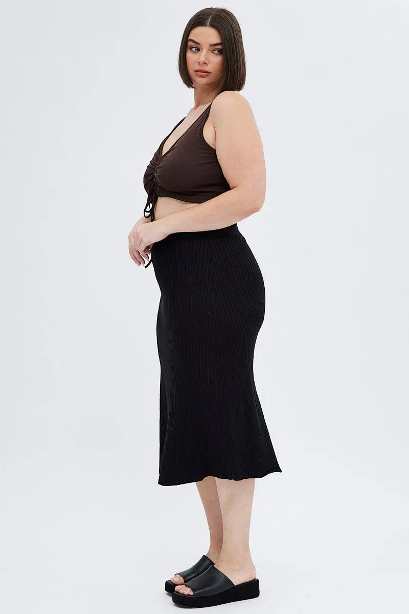 Black Knit Skirt Elastic Waist Midi Flare Rib Must Have Feature Ventilated Panels