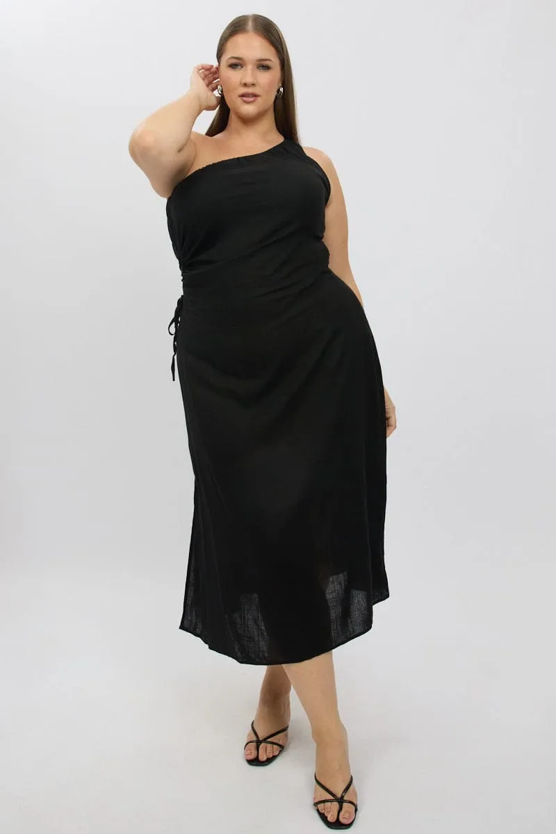 Style Versatile Black Midi Dress One Shoulder Side Cut Out