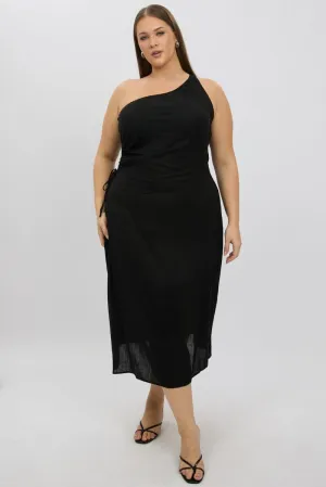 Soft draping fabric dress Charming Style Black Midi Dress One Shoulder Side Cut Out