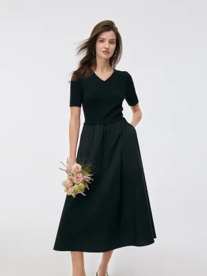 Relaxed Style Body Loving Tencel V-Neck Patchwork Women Midi Dress